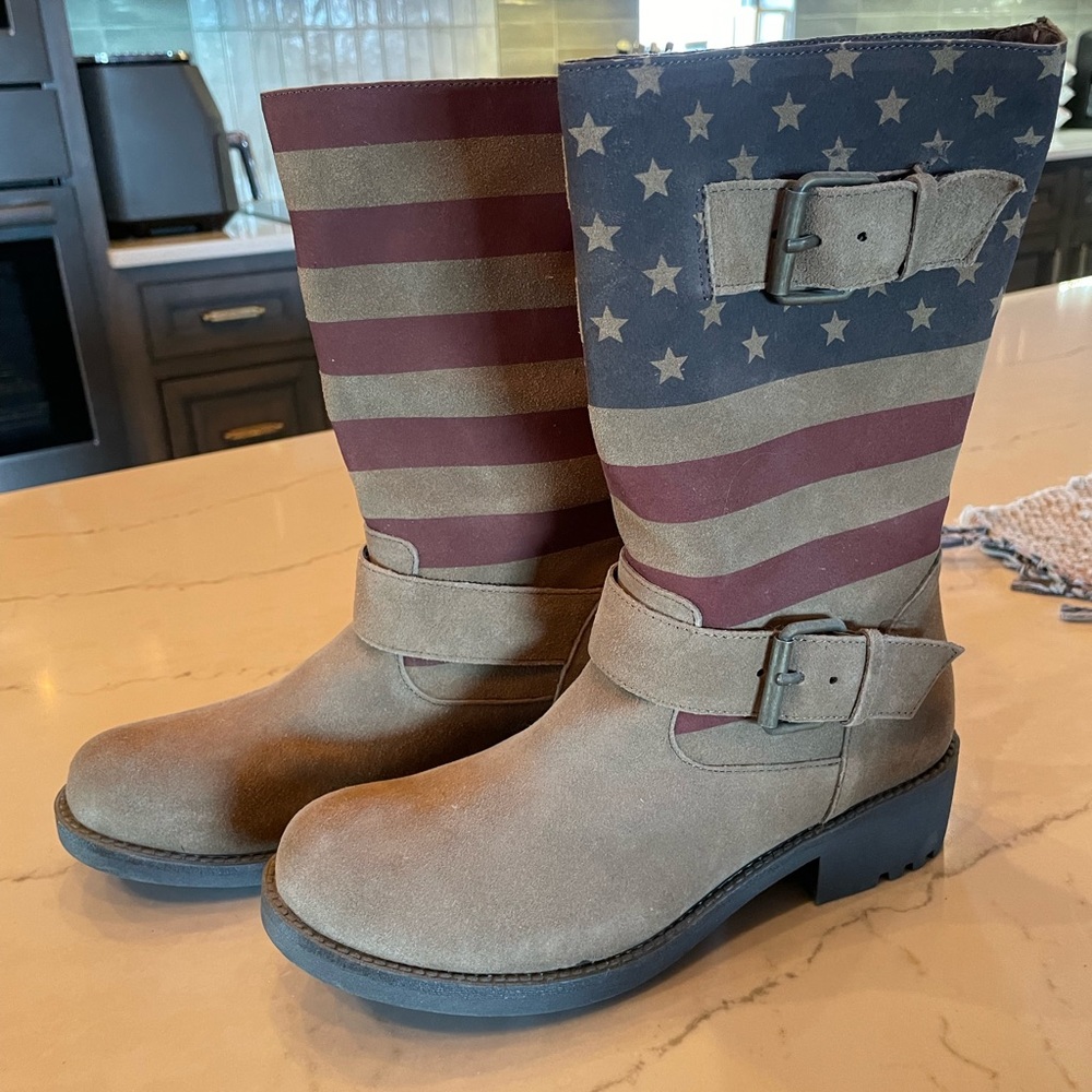 USA Women’s Tan Suede Mid-Calf Boots with Flag Accent